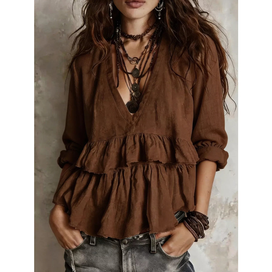 Full Size Ruffled Hem V-Neck Blouse Plus Brown / S Apparel and Accessories