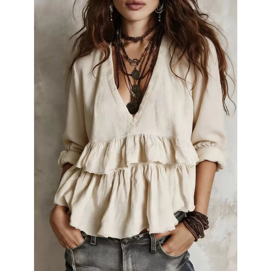 Full Size Ruffled Hem V-Neck Blouse Plus Cream / S Apparel and Accessories