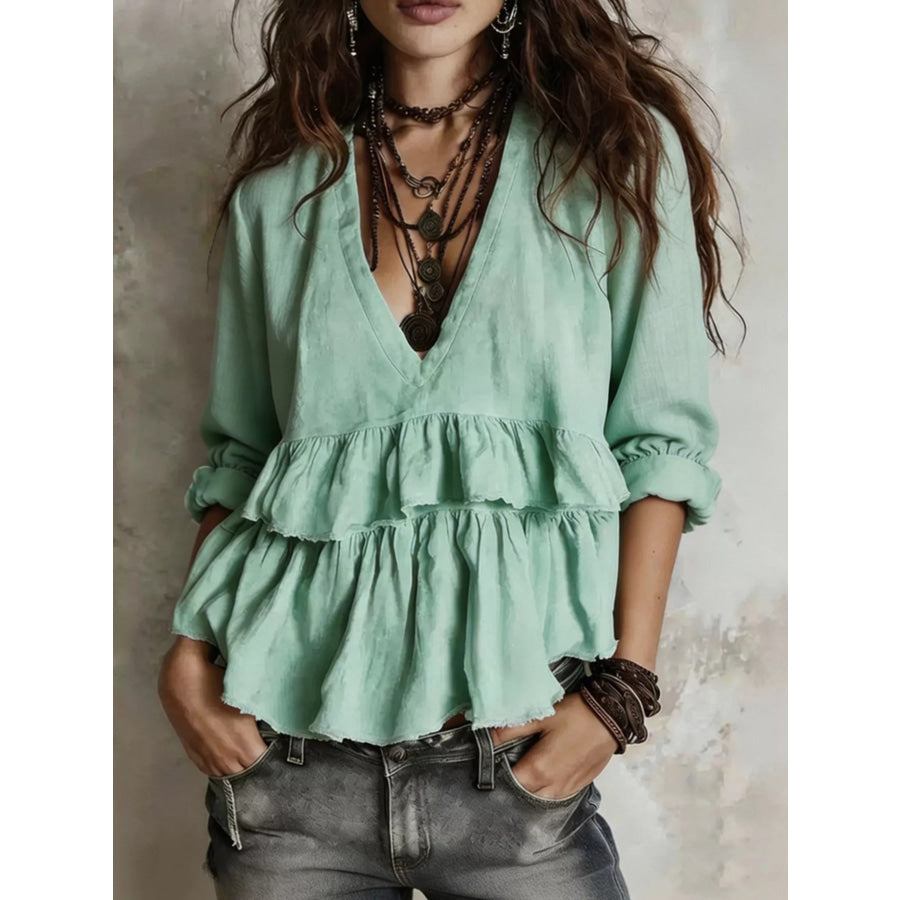Full Size Ruffled Hem V-Neck Blouse Plus Light Green / S Apparel and Accessories