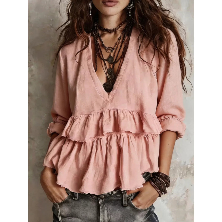 Full Size Ruffled Hem V-Neck Blouse Plus Pink / S Apparel and Accessories