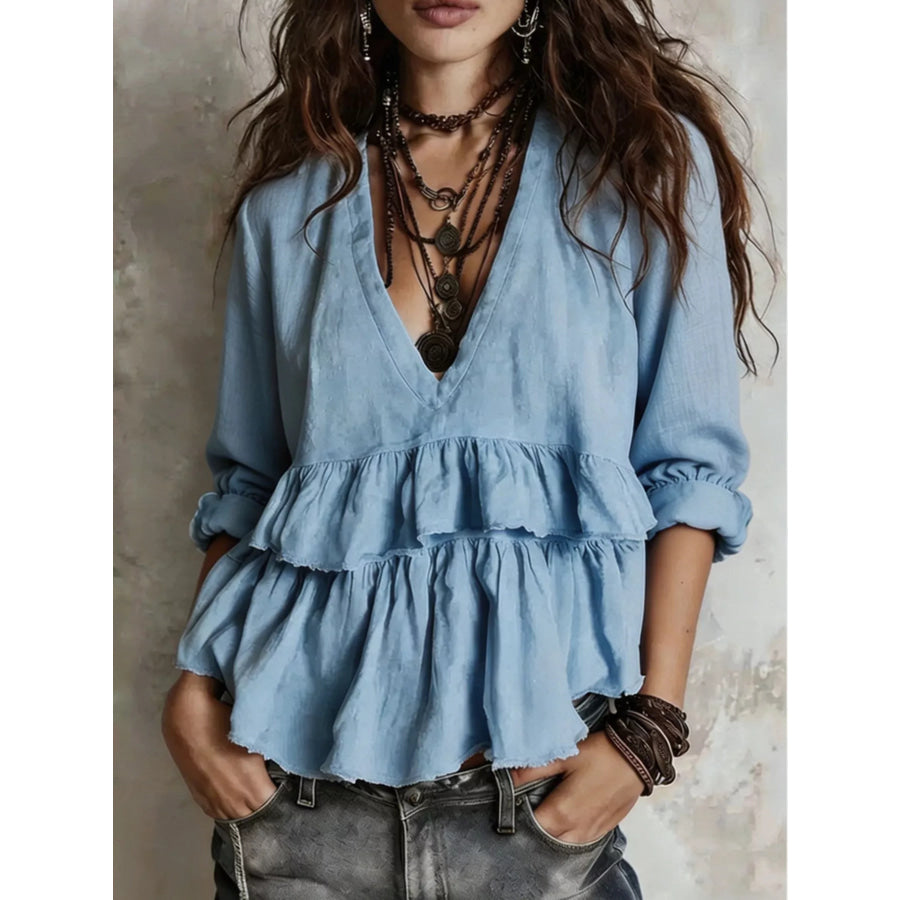 Full Size Ruffled Hem V-Neck Blouse Plus Sky Blue / S Apparel and Accessories