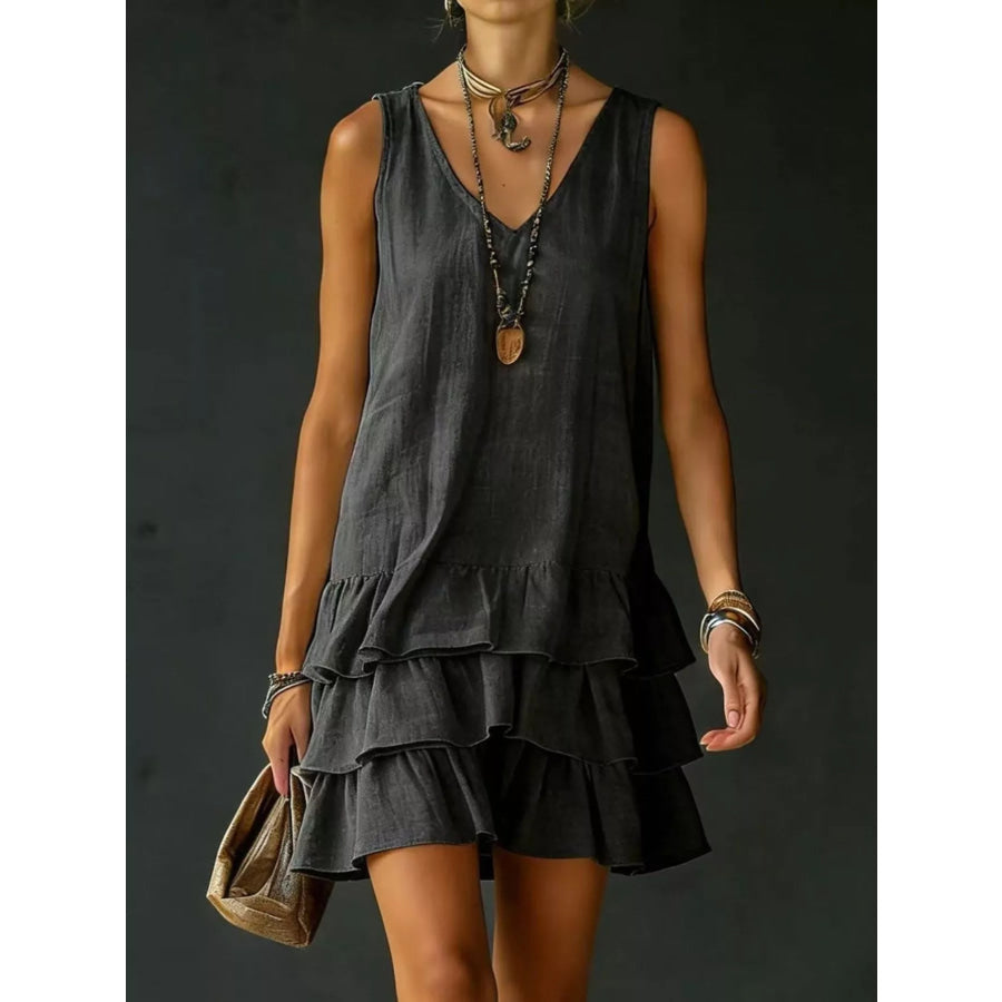 Full Size Ruffled Hem V-Neck Sleeveless Dress Plus Size Black / S Apparel and Accessories