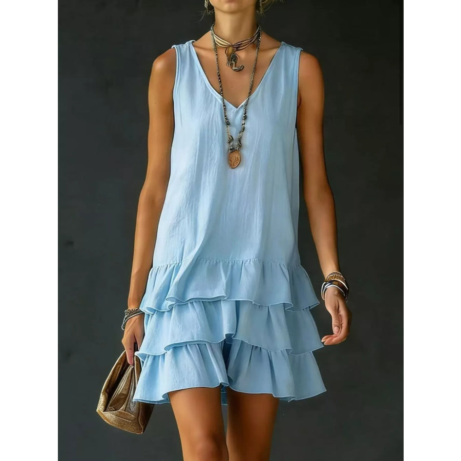 Full Size Ruffled Hem V-Neck Sleeveless Dress Plus Size Blue / S Apparel and Accessories