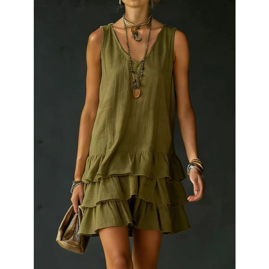 Full Size Ruffled Hem V-Neck Sleeveless Dress Plus Size Green / S Apparel and Accessories