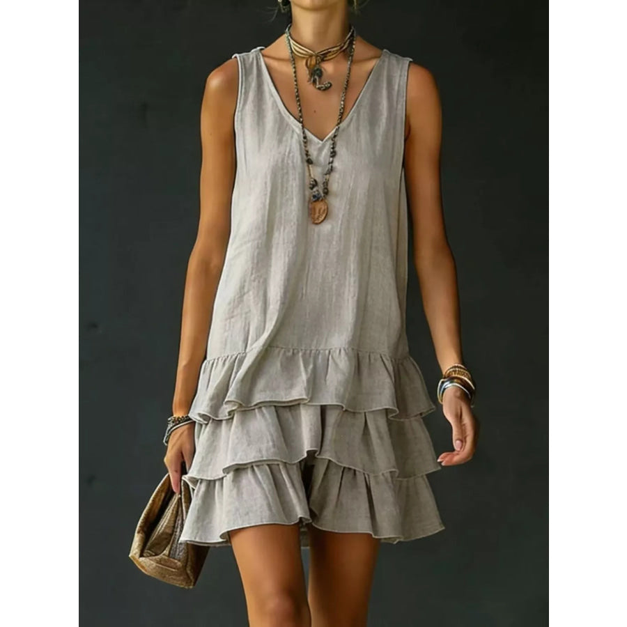 Full Size Ruffled Hem V-Neck Sleeveless Dress Plus Size Grey / S Apparel and Accessories