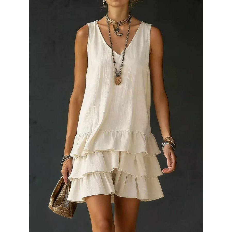 Full Size Ruffled Hem V-Neck Sleeveless Dress Plus Size Khaki / S Apparel and Accessories
