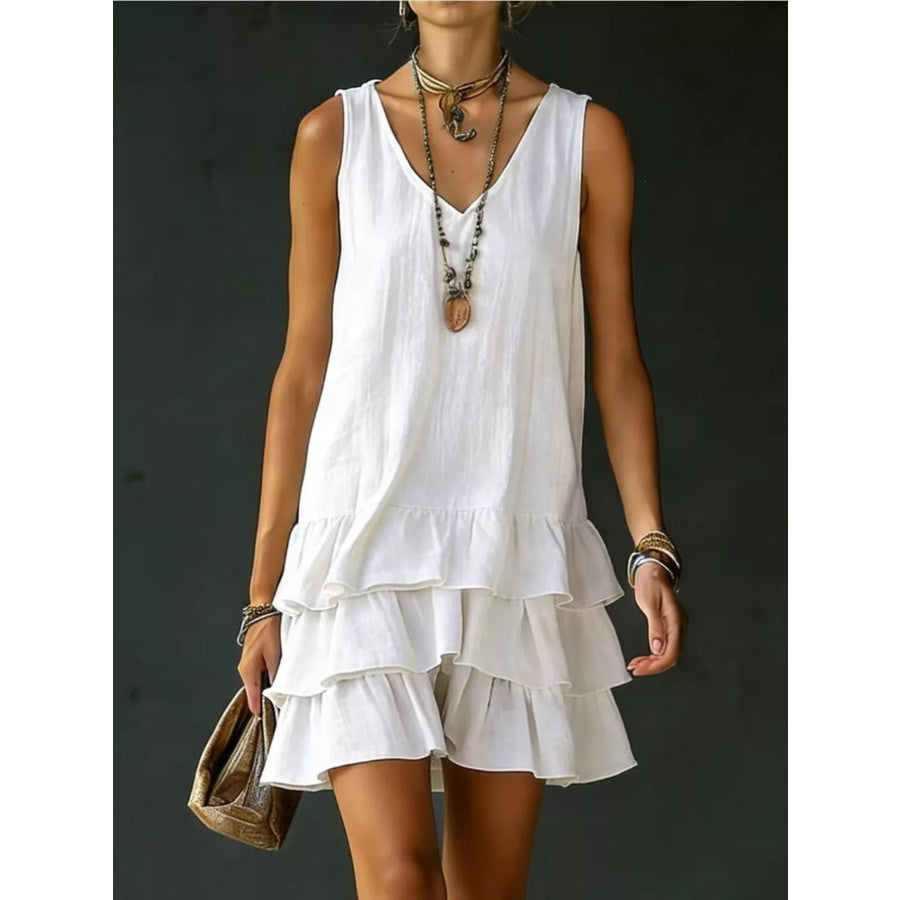 Full Size Ruffled Hem V-Neck Sleeveless Dress Plus Size White / S Apparel and Accessories