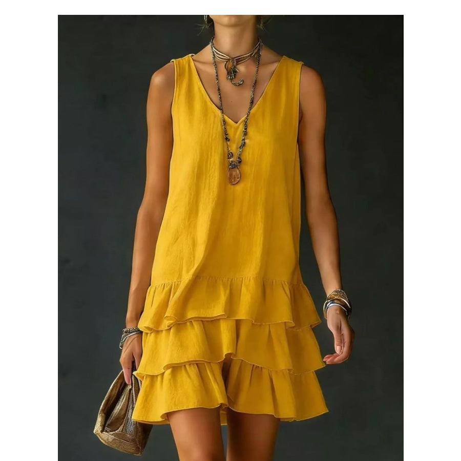 Full Size Ruffled Hem V-Neck Sleeveless Dress Plus Size Yellow / S Apparel and Accessories