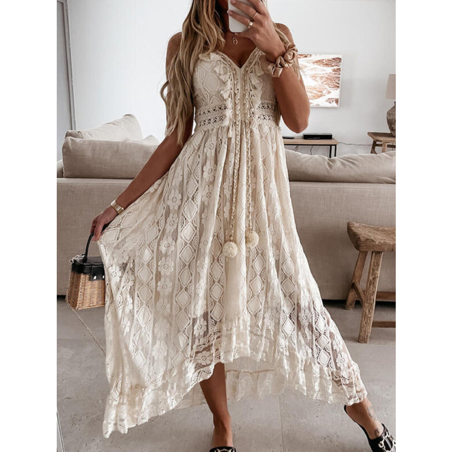 Full Size Ruffled Lace V-Neck Maxi Dress Plus Size Beige / S Apparel and Accessories