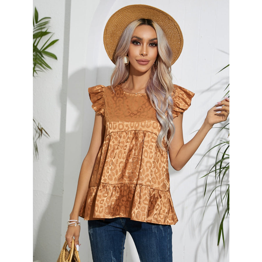 Full Size Ruffled Leopard Cap Sleeve Top Camel / S Apparel and Accessories