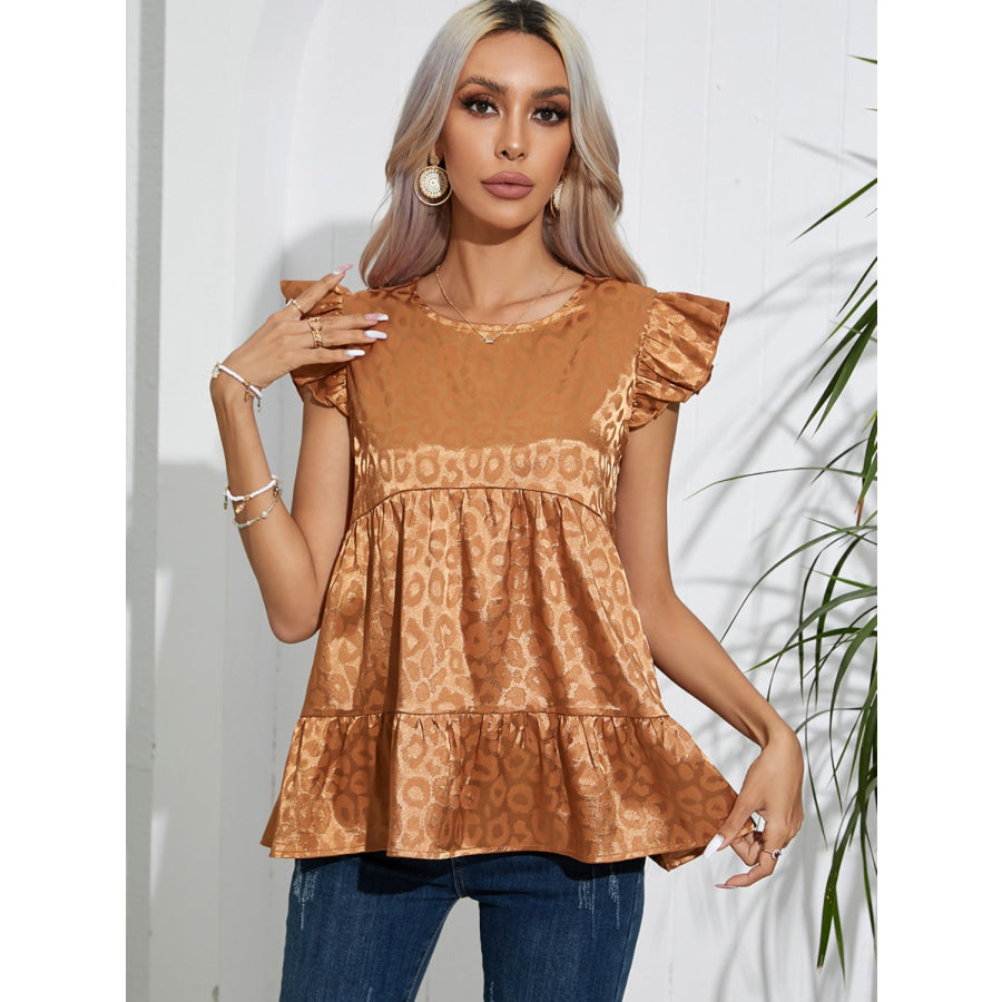 Full Size Ruffled Leopard Cap Sleeve Top Camel / S Apparel and Accessories