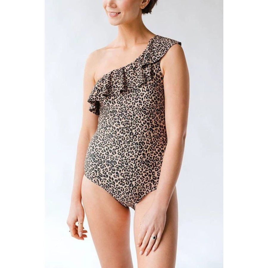 Full Size Ruffled Leopard Single Shoulder One-Piece Swimwear Apparel and Accessories