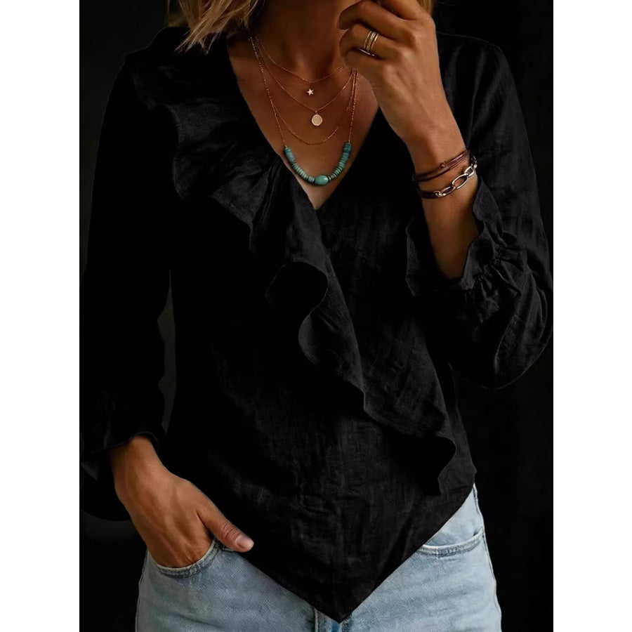 Full Size Ruffled Long Sleeve Blouse Plus Size Black / S Apparel and Accessories