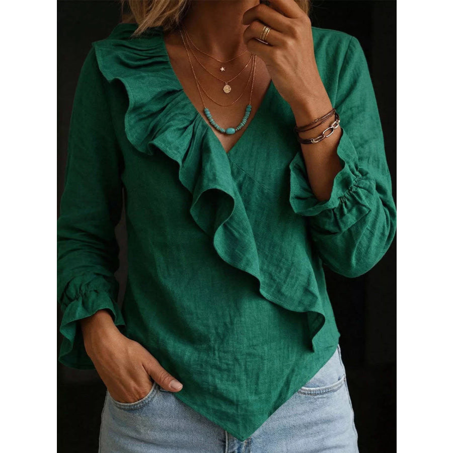 Full Size Ruffled Long Sleeve Blouse Plus Size Dark Green / S Apparel and Accessories