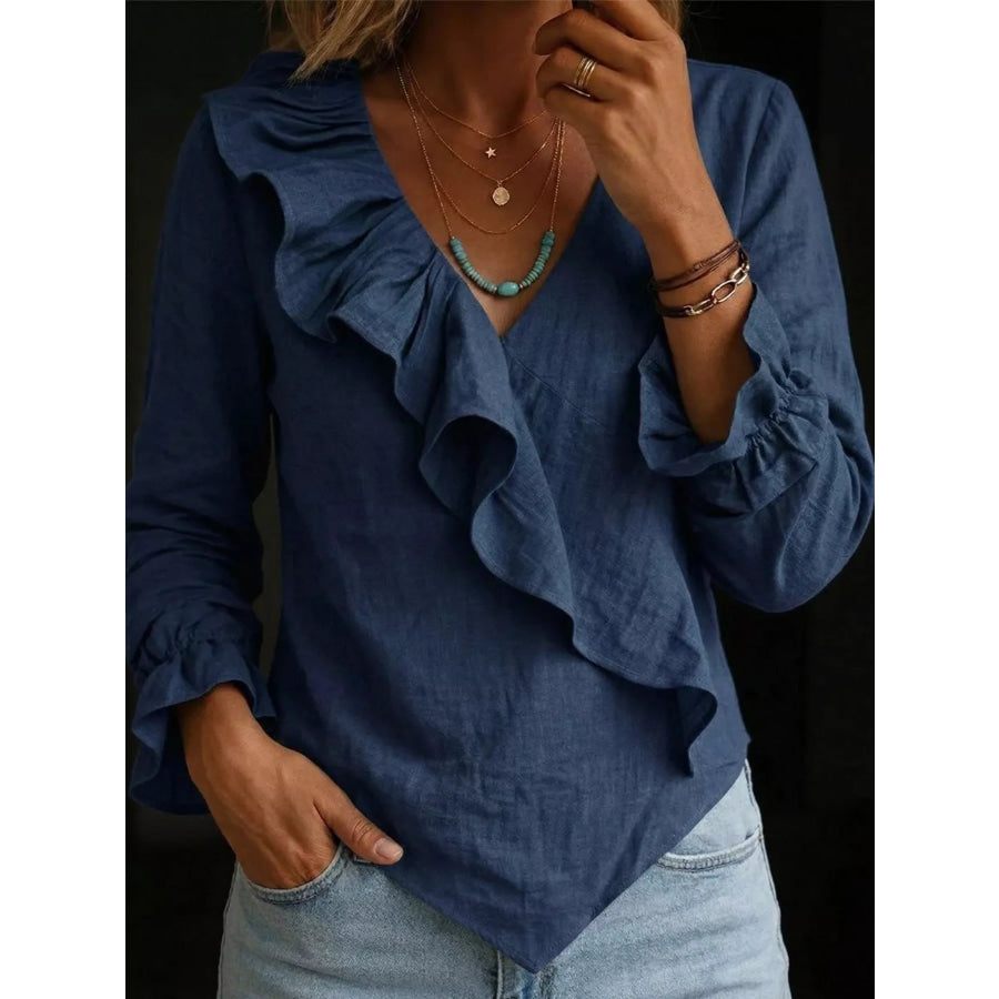 Full Size Ruffled Long Sleeve Blouse Plus Size Navy Blue / S Apparel and Accessories
