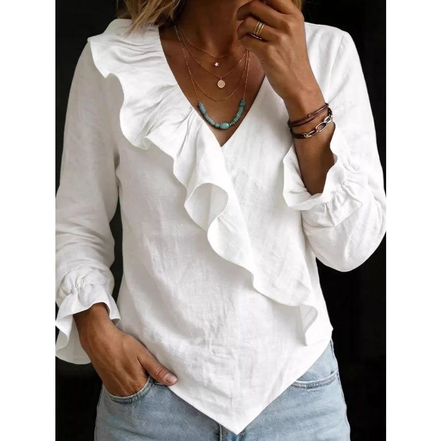 Full Size Ruffled Long Sleeve Blouse Plus Size White / S Apparel and Accessories