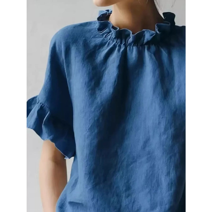 Full Size Ruffled Neck Half Sleeve Blouse Plus Size Apparel and Accessories