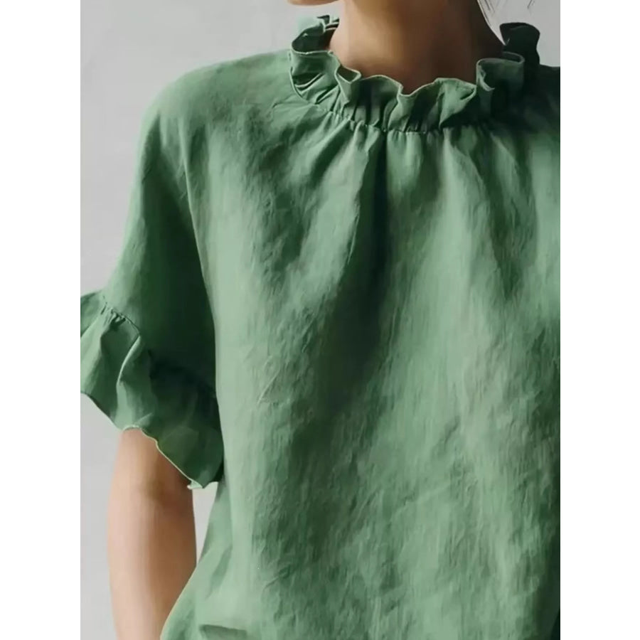 Full Size Ruffled Neck Half Sleeve Blouse Plus Size Apparel and Accessories