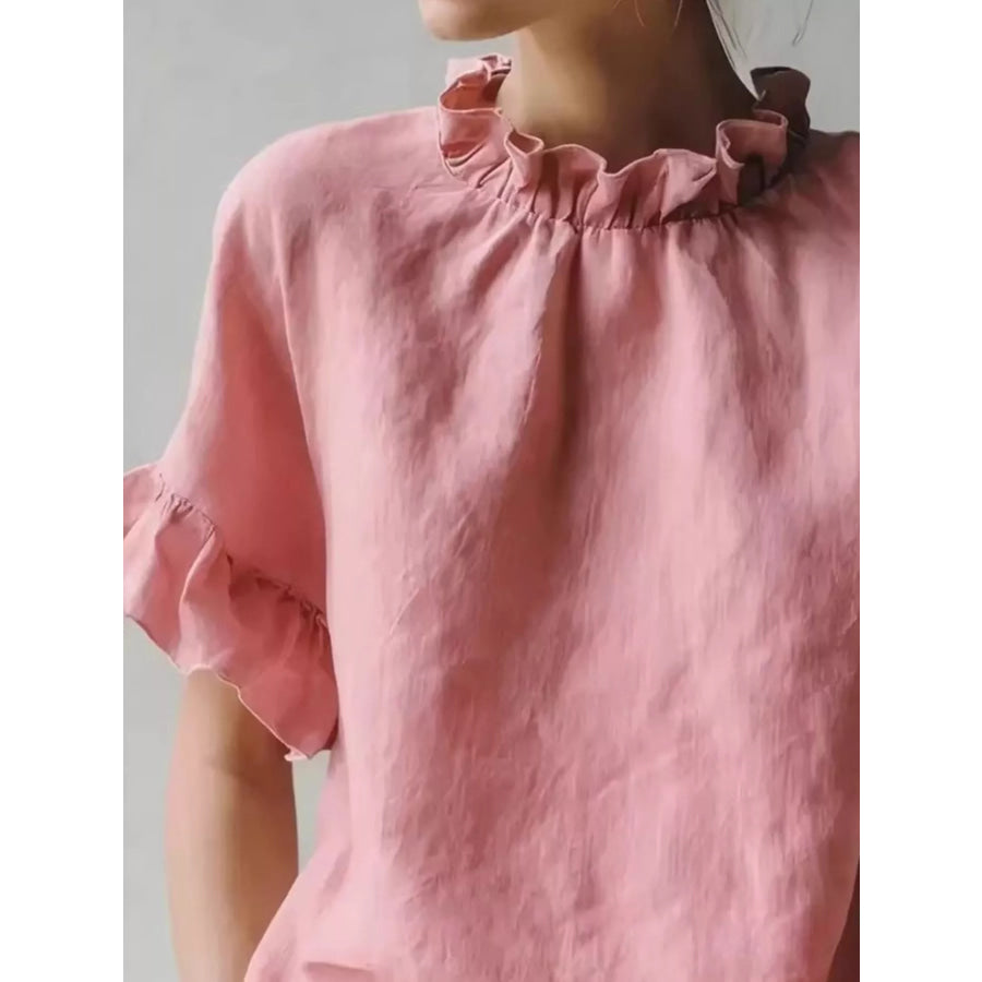 Full Size Ruffled Neck Half Sleeve Blouse Plus Size Apparel and Accessories