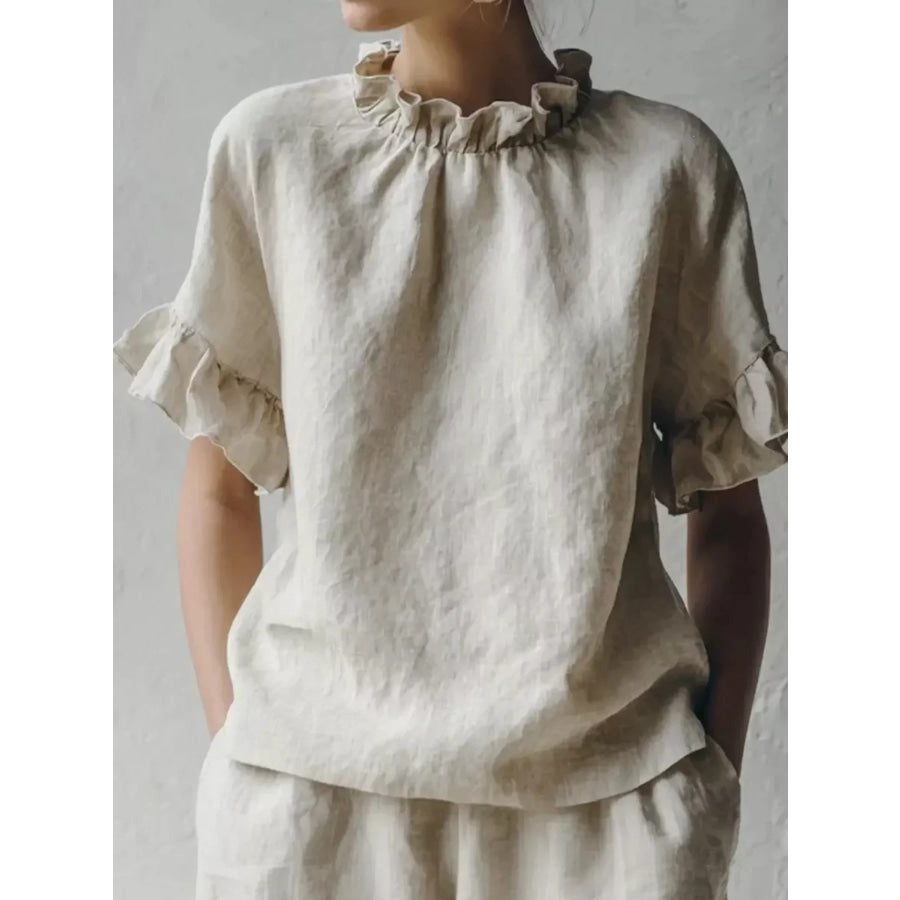 Full Size Ruffled Neck Half Sleeve Blouse Plus Size Apricot / S Apparel and Accessories