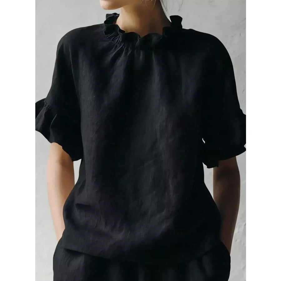 Full Size Ruffled Neck Half Sleeve Blouse Plus Size Black / S Apparel and Accessories