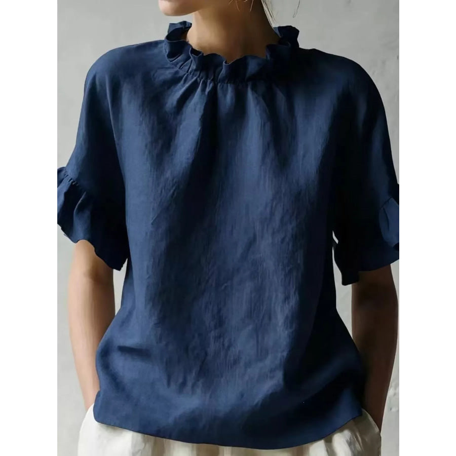 Full Size Ruffled Neck Half Sleeve Blouse Plus Size Dark Blue / S Apparel and Accessories