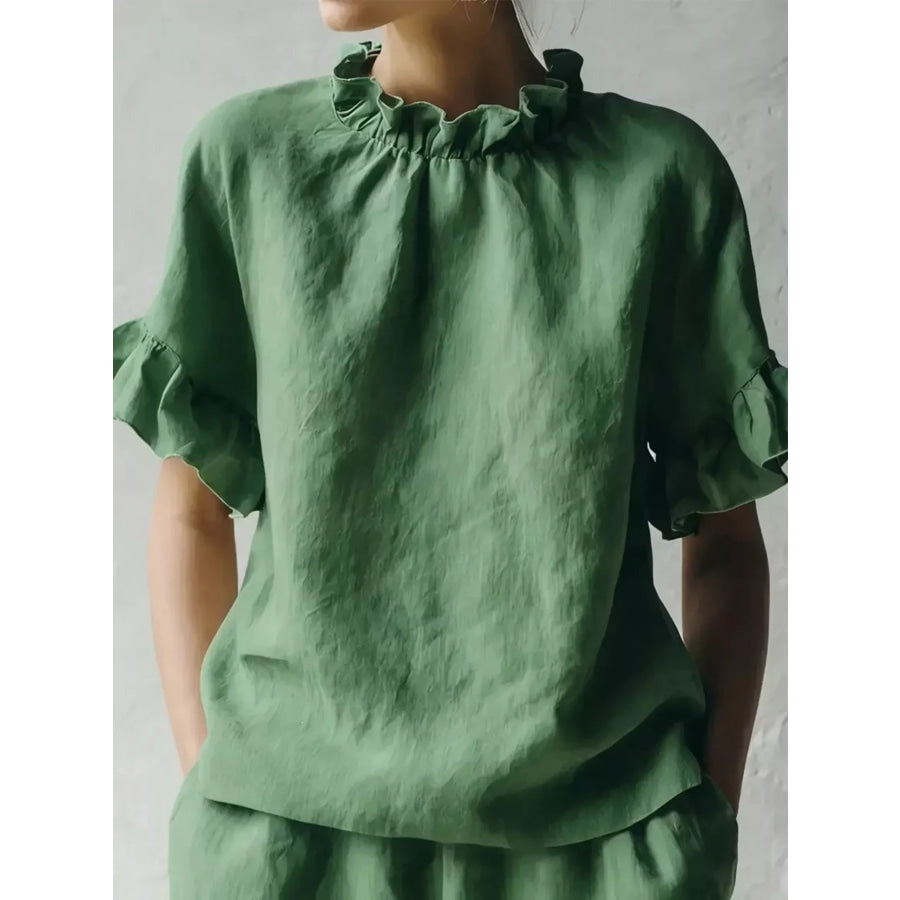 Full Size Ruffled Neck Half Sleeve Blouse Plus Size Emerald Green / S Apparel and Accessories