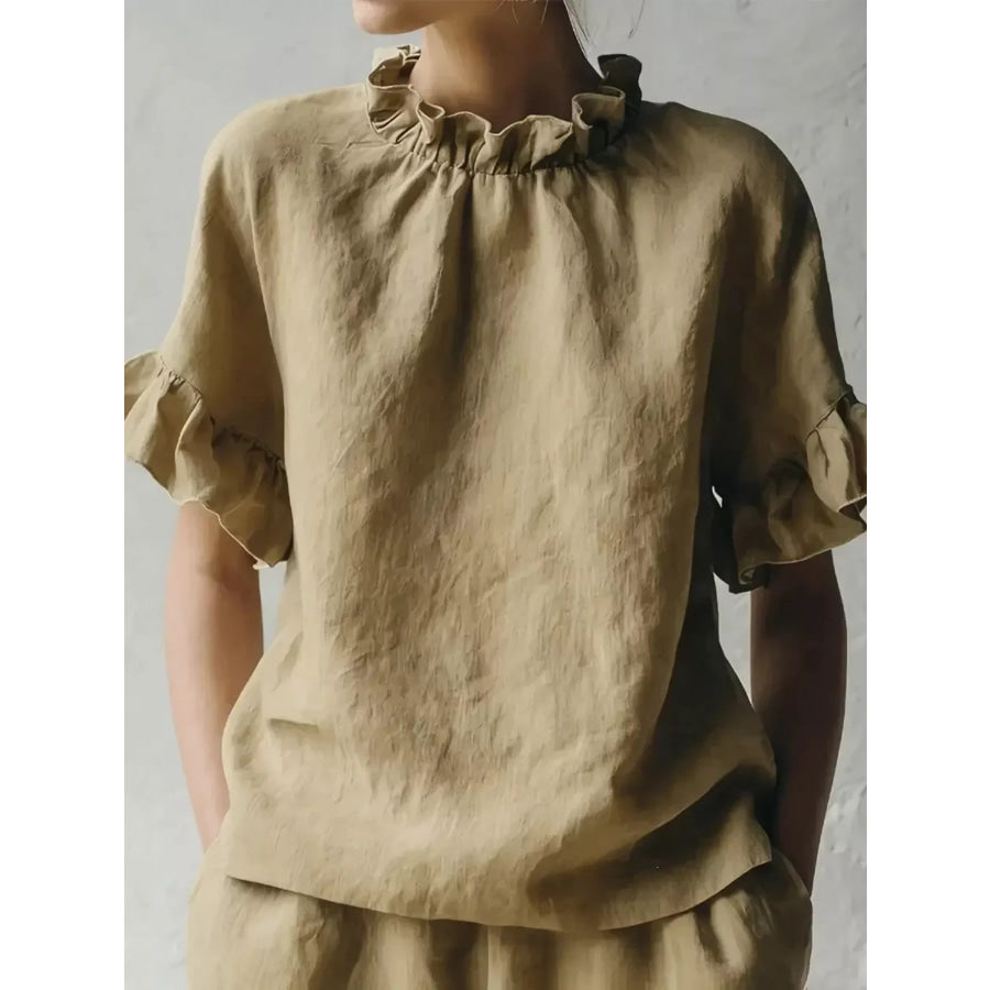 Full Size Ruffled Neck Half Sleeve Blouse Plus Size Khaki / S Apparel and Accessories