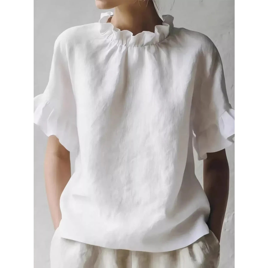 Full Size Ruffled Neck Half Sleeve Blouse Plus Size White / S Apparel and Accessories