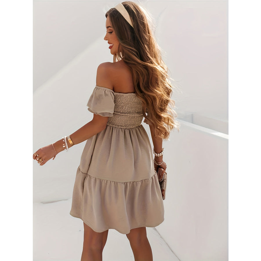 Full Size Ruffled Off-Shoulder Short Sleeve Dress Tan / S Apparel and Accessories