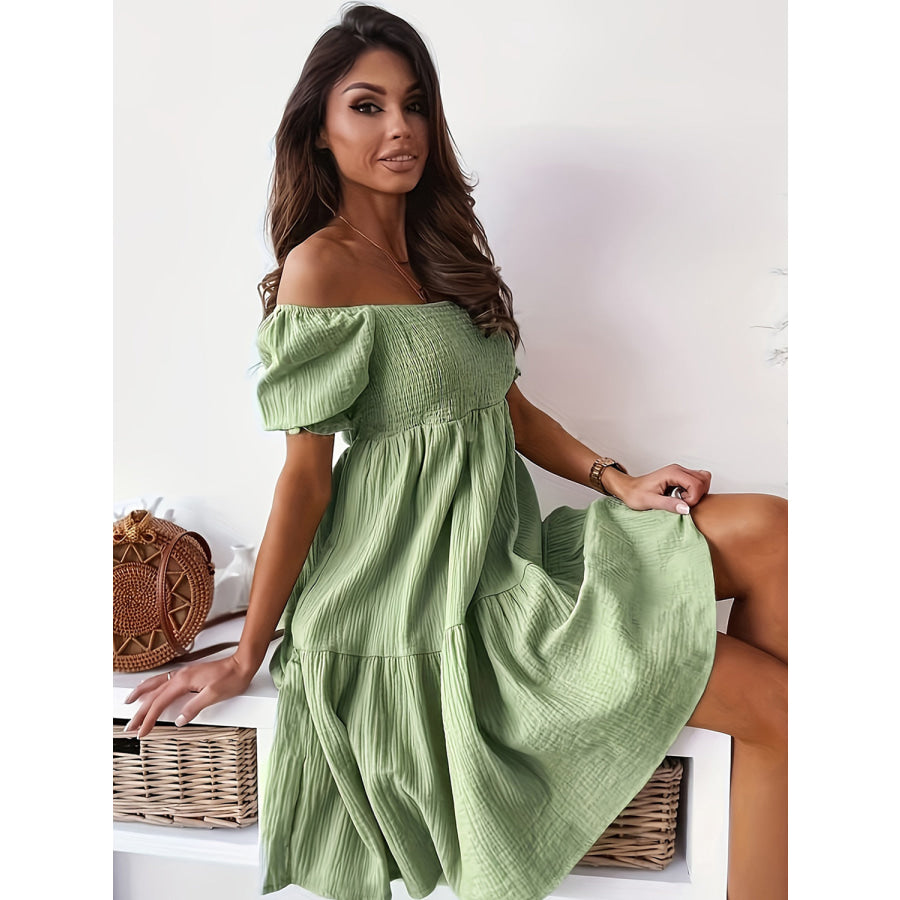 Full Size Ruffled Off-Shoulder Short Sleeve Dress Apparel and Accessories