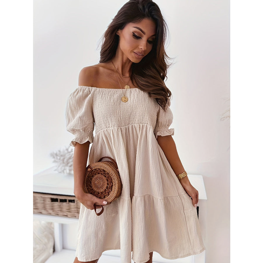 Full Size Ruffled Off-Shoulder Short Sleeve Dress Beige / S Apparel and Accessories