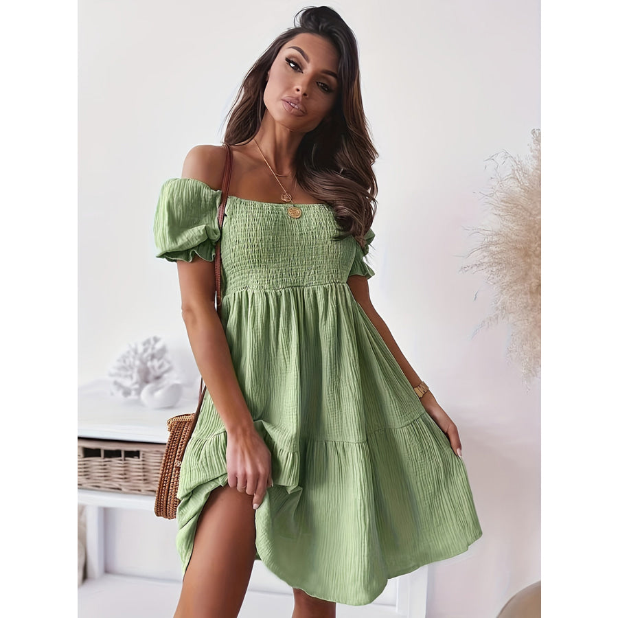 Full Size Ruffled Off-Shoulder Short Sleeve Dress Gum Leaf / S Apparel and Accessories