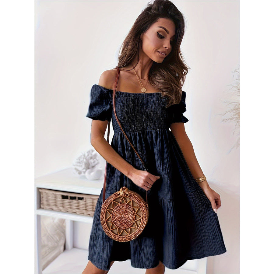 Full Size Ruffled Off-Shoulder Short Sleeve Dress Navy / S Apparel and Accessories
