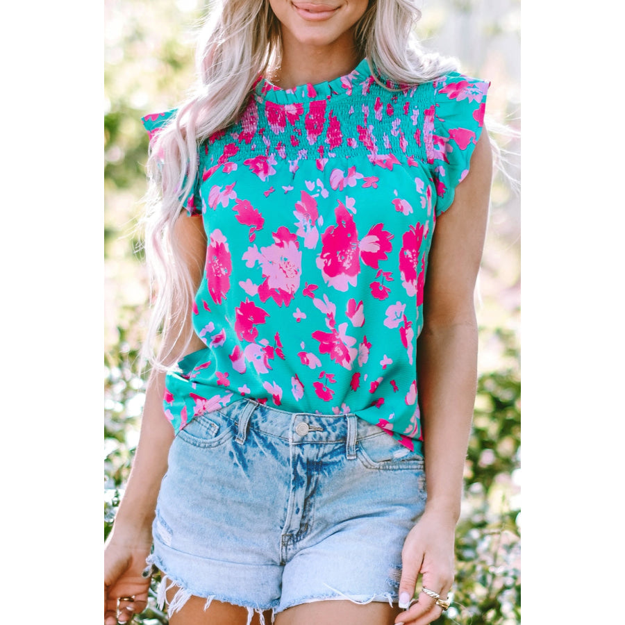 Full Size Ruffled Printed Mock Neck Cap Sleeve Blouse Turquoise / S Apparel and Accessories