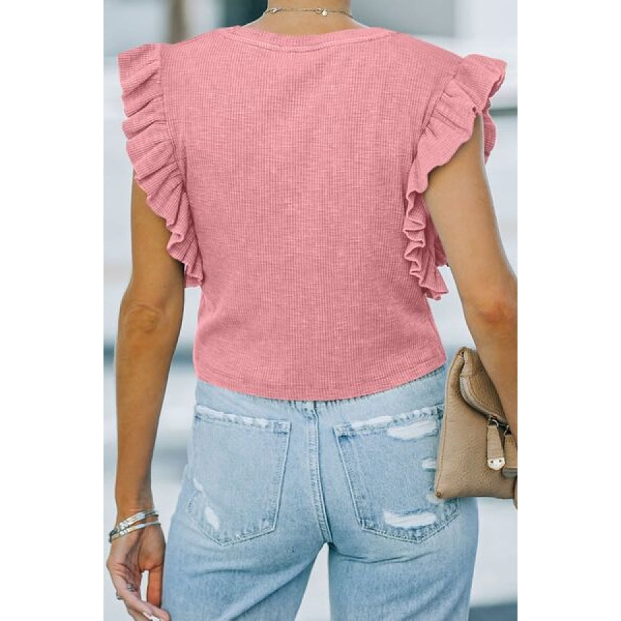 Full Size Ruffled Round Neck Cap Sleeve Blouse Apparel and Accessories