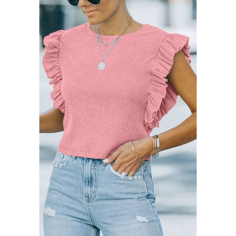 Full Size Ruffled Round Neck Cap Sleeve Blouse Apparel and Accessories