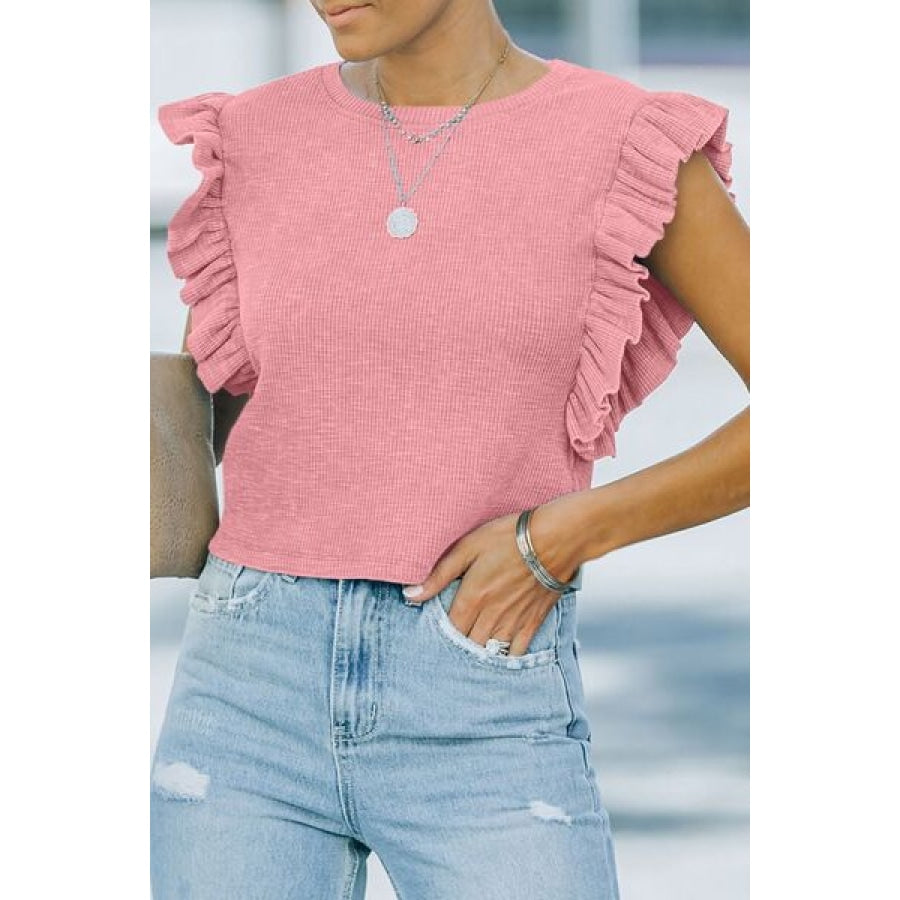 Full Size Ruffled Round Neck Cap Sleeve Blouse Blush Pink / S Apparel and Accessories