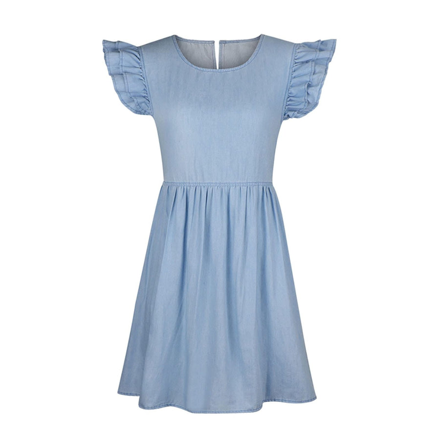 Full Size Ruffled Round Neck Cap Sleeve Denim Dress Apparel and Accessories