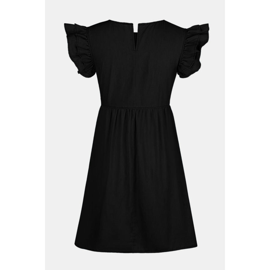 Full Size Ruffled Round Neck Cap Sleeve Denim Dress Apparel and Accessories