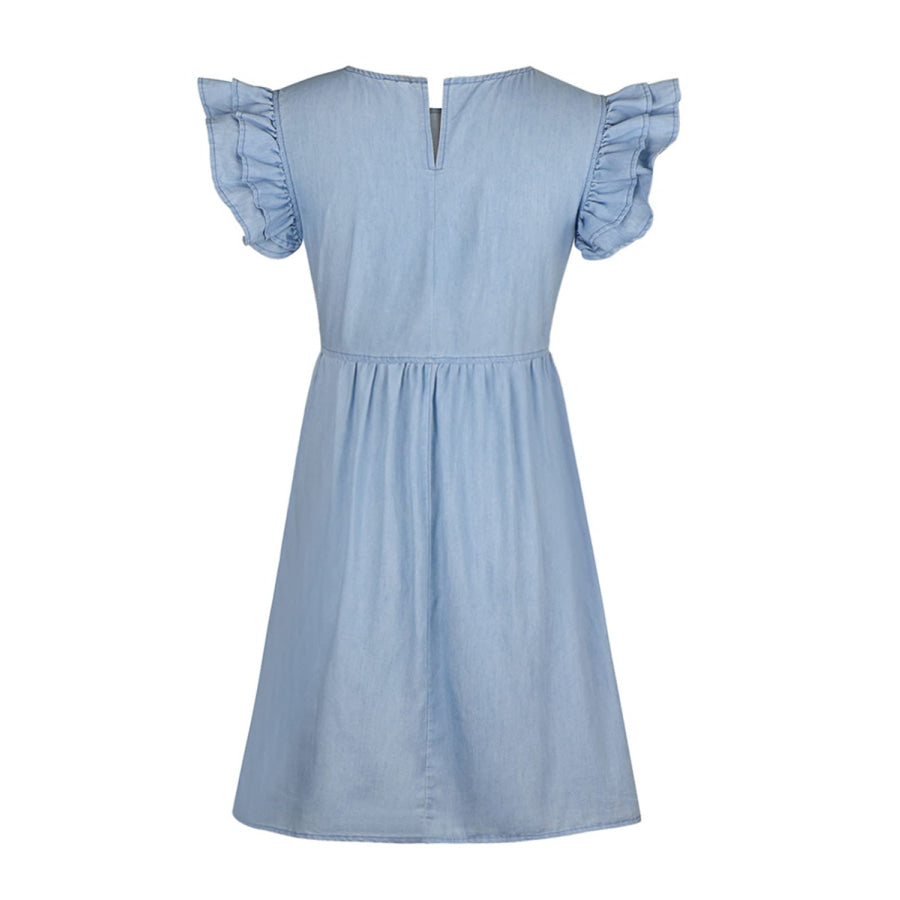 Full Size Ruffled Round Neck Cap Sleeve Denim Dress Apparel and Accessories