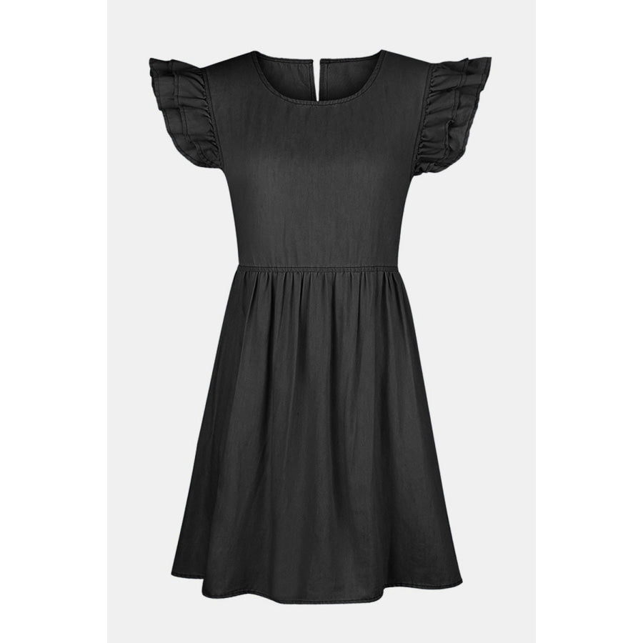 Full Size Ruffled Round Neck Cap Sleeve Denim Dress Apparel and Accessories