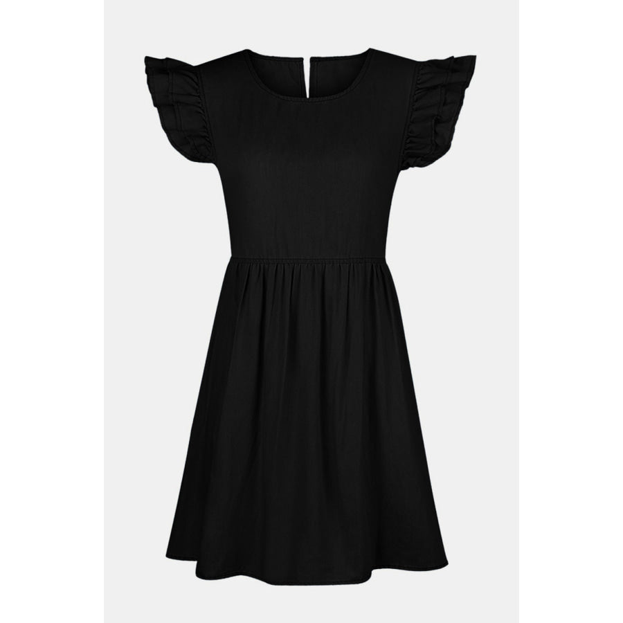 Full Size Ruffled Round Neck Cap Sleeve Denim Dress Apparel and Accessories