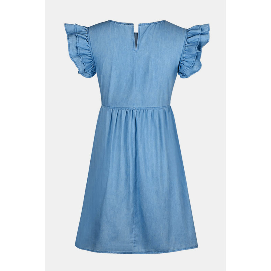 Full Size Ruffled Round Neck Cap Sleeve Denim Dress Apparel and Accessories