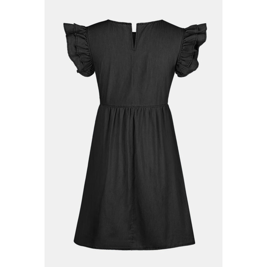 Full Size Ruffled Round Neck Cap Sleeve Denim Dress Apparel and Accessories