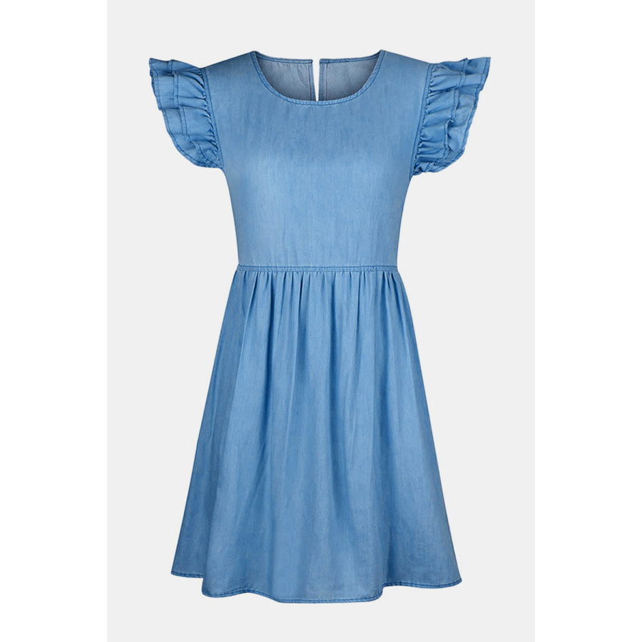 Full Size Ruffled Round Neck Cap Sleeve Denim Dress Apparel and Accessories