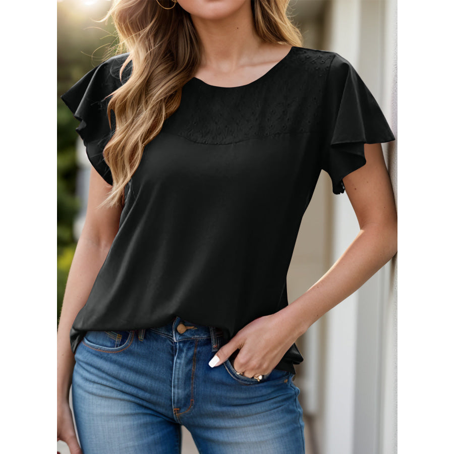 Full Size Ruffled Round Neck Short Sleeve Blouse Black / S Apparel and Accessories