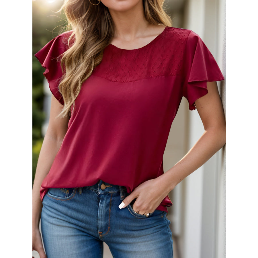 Full Size Ruffled Round Neck Short Sleeve Blouse Burgundy / S Apparel and Accessories