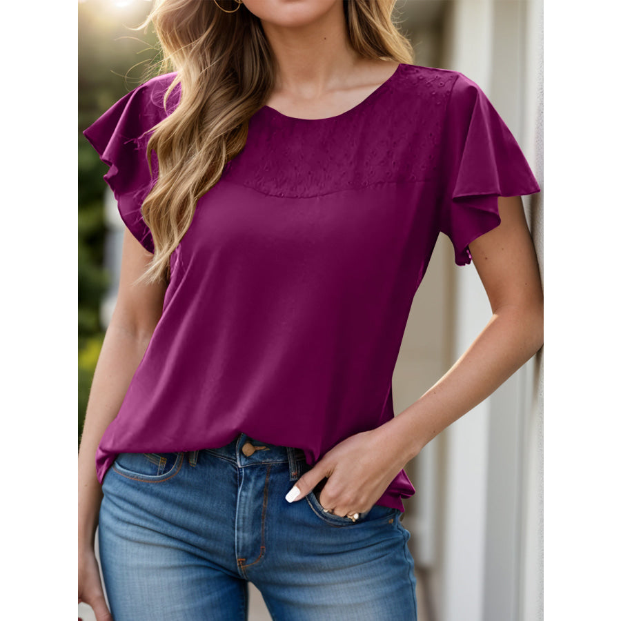 Full Size Ruffled Round Neck Short Sleeve Blouse Deep Purple / S Apparel and Accessories