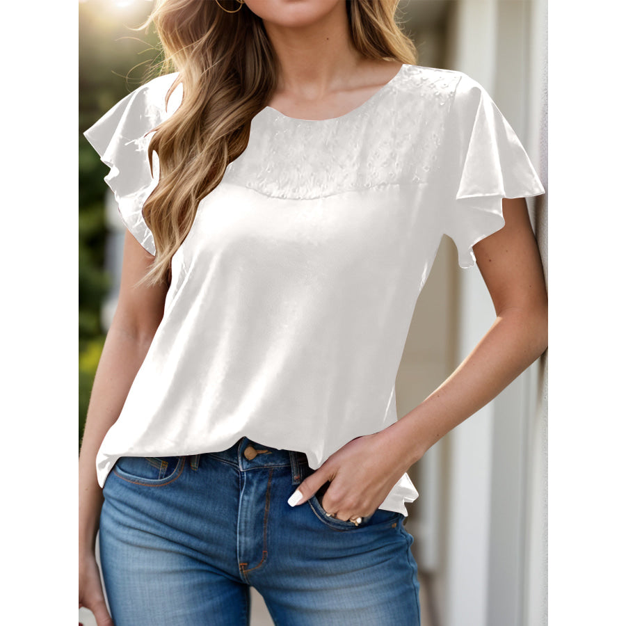 Full Size Ruffled Round Neck Short Sleeve Blouse White / S Apparel and Accessories